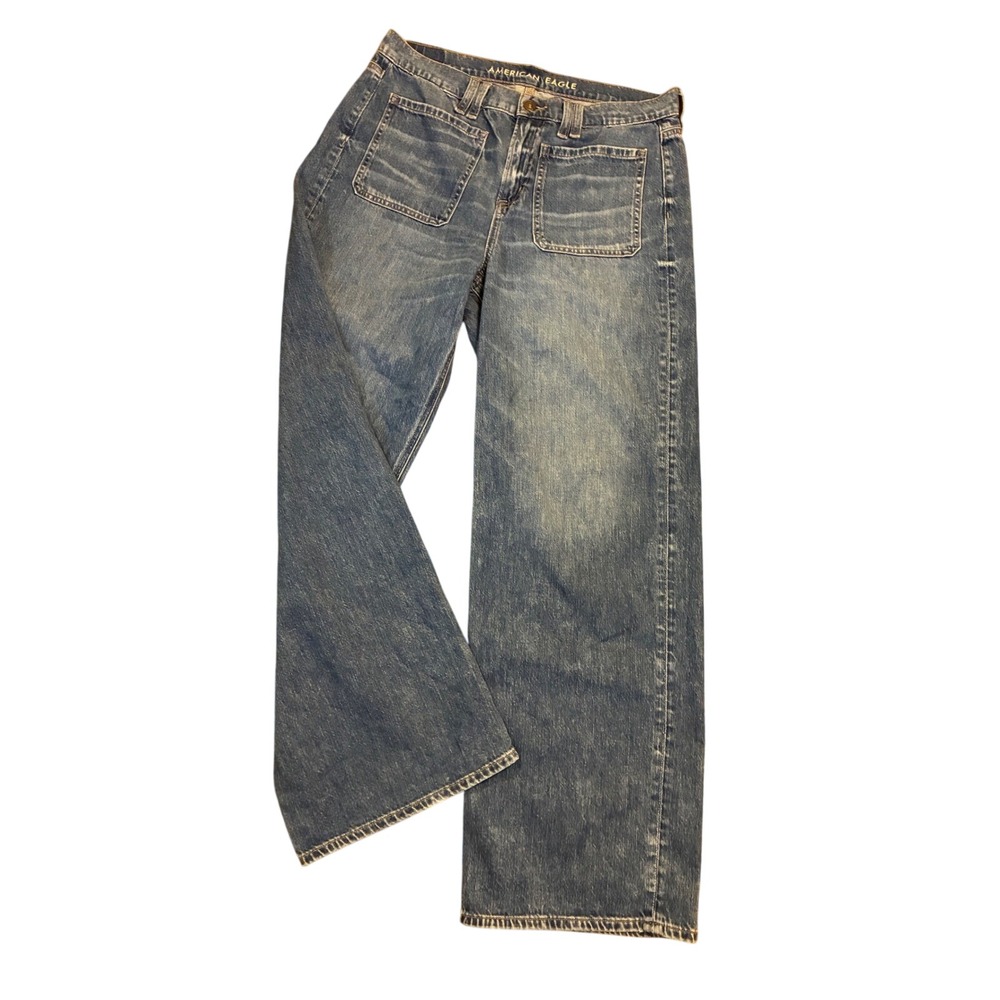 American Eagle Womens Wide Leg Patch Pocket Jeans Medium Wash Blue High Rise